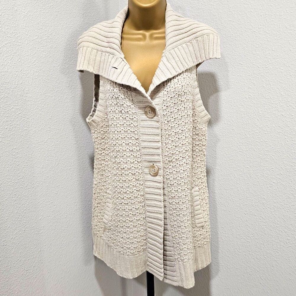 Fisherman Chunky Knit Collared Cardigan Sweater Vest Womens Large Beige Coastal
